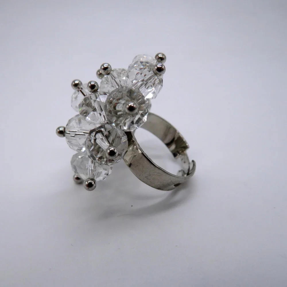 Vintage Style Clear Crystal Bead Cluster Cocktail Ring Silver Tone Size 6 Adj